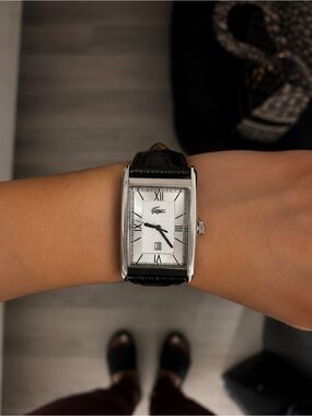 Lacoste Women’s Black Leather Strap Silver Case Watch with White Dial